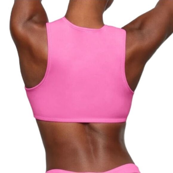 NWT SKIMS Sport Swim Scuba Mock Neck Zip Swim Top In Taffy Pink - Picture 2 of 9